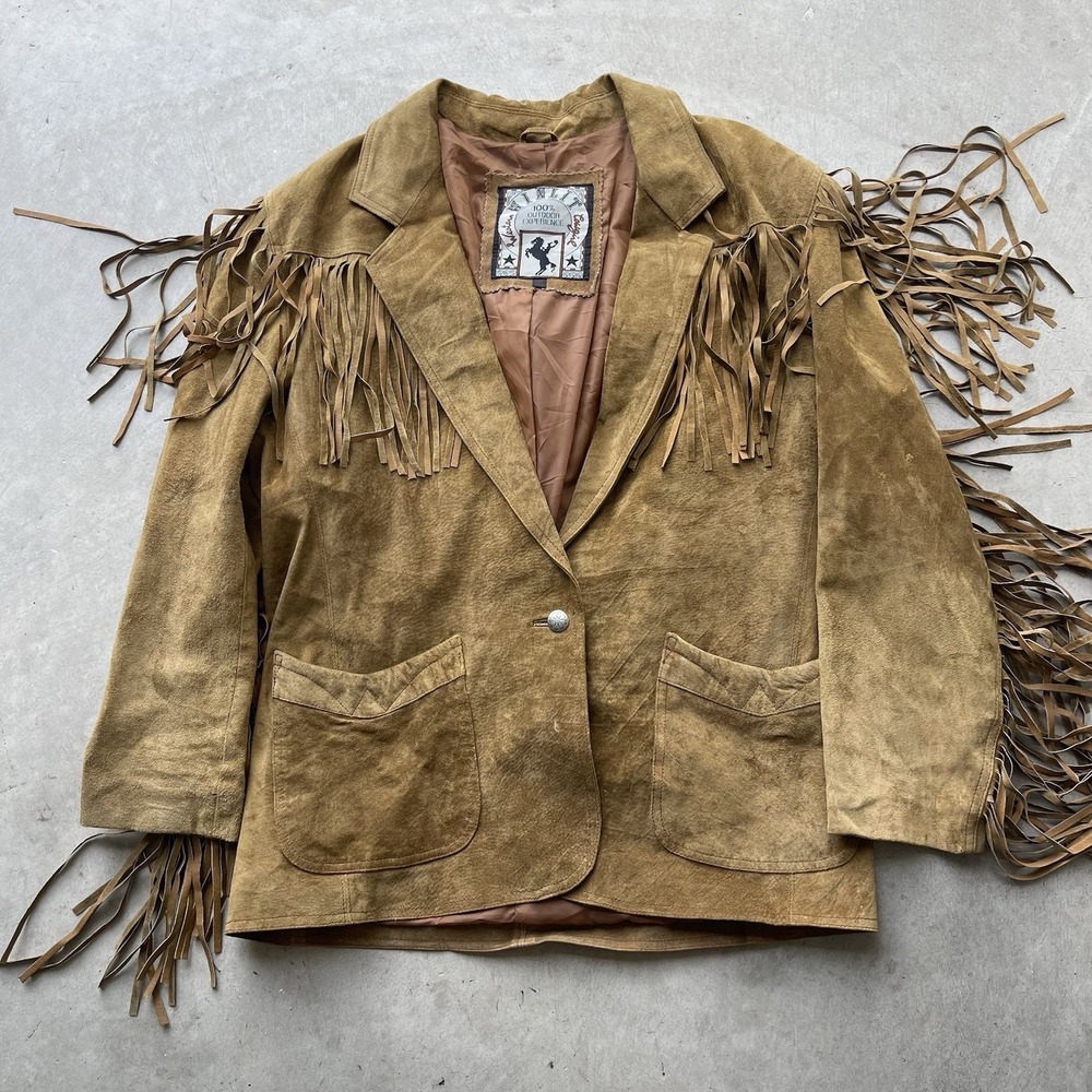 Vintage Winlit Brown Suede Western Fringe Cowgirl Leather Jacket Coat Size Large